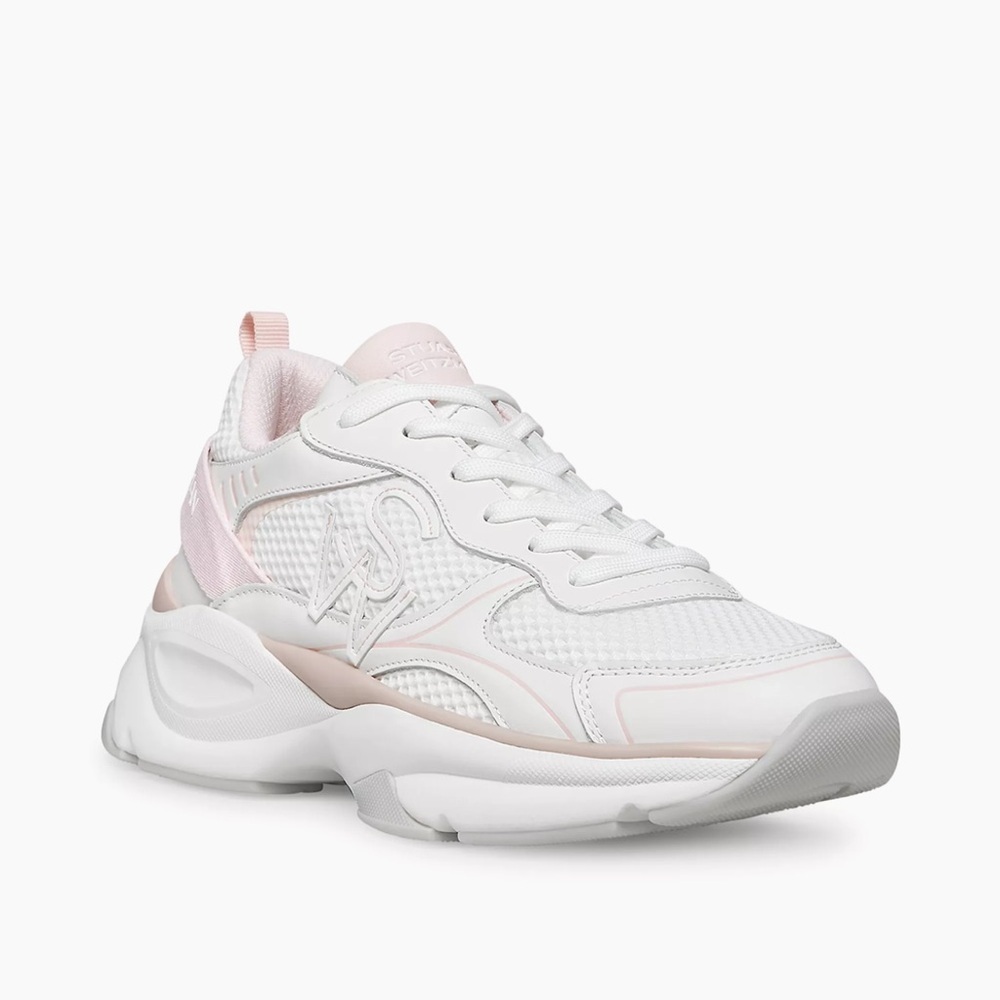 Stuart Weitzman White and Pink Athletic Shoes, Mesh & Leather Trainer Sneakers